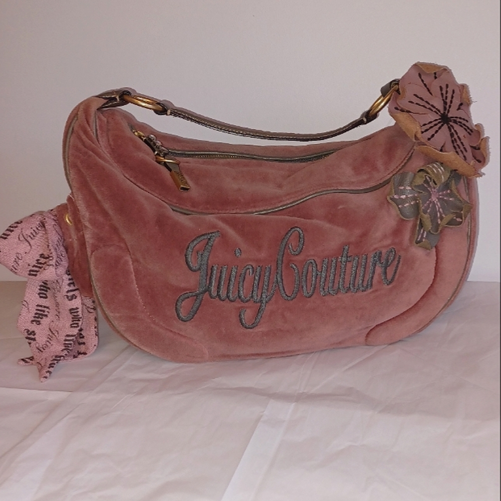 Authentic Vintage Y2K Juicy Couture Velour & Leather Flower Hobo Bag, Pink Brown
